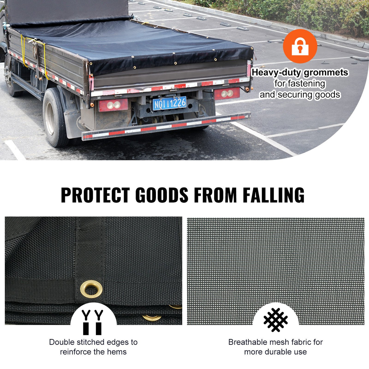 Dump Truck Mesh Tarp, 7.5x18 ft, PVC Coated Black Heavy Duty Cover with 5.5" 18oz Double Pocket, Brass Grommets, Reinforced Double Needle Stitch Webbing Fits Manual or Electric Dump Truck System