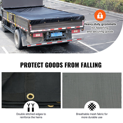Dump Truck Mesh Tarp, 7.5x18 ft, PVC Coated Black Heavy Duty Cover with 5.5" 18oz Double Pocket, Brass Grommets, Reinforced Double Needle Stitch Webbing Fits Manual or Electric Dump Truck System
