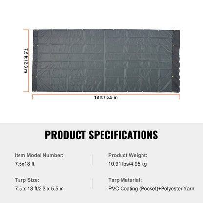 Dump Truck Mesh Tarp, 7.5x18 ft, PVC Coated Black Heavy Duty Cover with 5.5" 18oz Double Pocket, Brass Grommets, Reinforced Double Needle Stitch Webbing Fits Manual or Electric Dump Truck System
