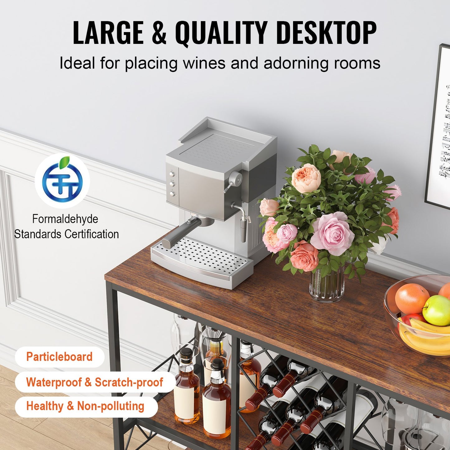 40 tums industriellt barskåp, vinbord för sprit och glas, skänk med buffé och glashållare, fristående barskåp i lantlig trästil för vardagsrum, hemmabar