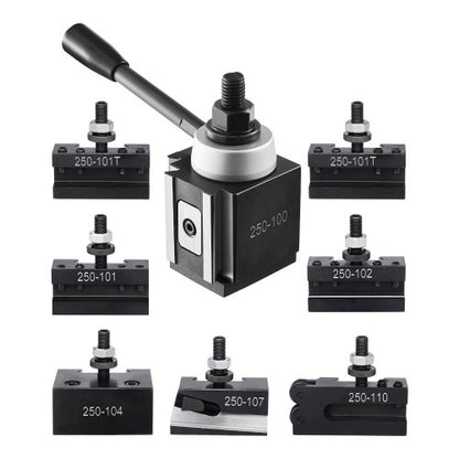 Snabbväxlingsverktygsstolpe, 8 delar, inkluderar svarvhållare, kilformad verktygsstolpe med tillbehör till svarvverktygshållare, passar för minisvarv och metallsvarv 152–305 mm (6"–12") sväng, hållbart stålmaterial