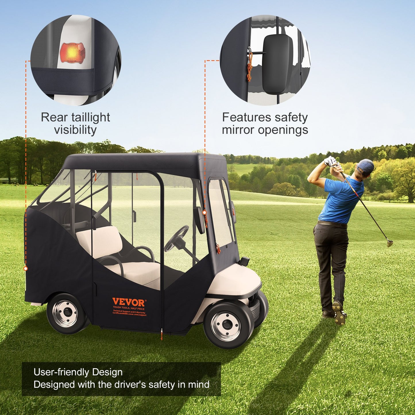Golfbilstak, passar för 2 passagerare EZGO TXT RXV, kort tak 59", 600D polyester förartak 4-sidigt transparenta fönster, klubbbilsskydd för 2-sitsiga golfbilar soltät dammtät