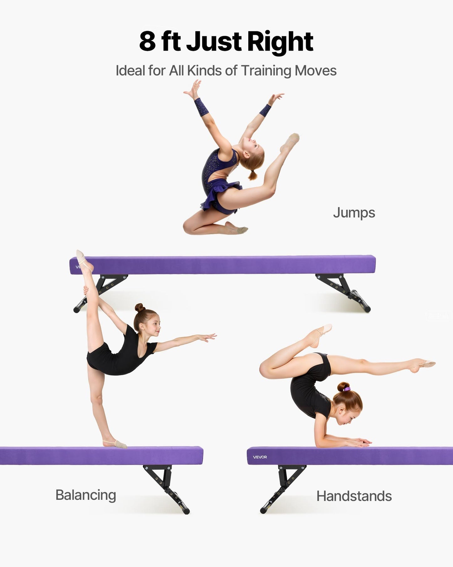 Justerbar balansbalk för barn, 2,4 meter gymnastikbalk, höga och låga golvbalkar med 5 justerbara höjder för alla gymnastiknivåer, professionell gymnastikutrustning för hemmet och gymmet, lila