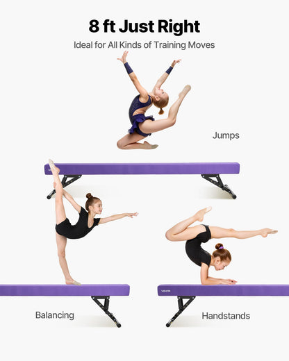 Justerbar balansbalk för barn, 2,4 meter gymnastikbalk, höga och låga golvbalkar med 5 justerbara höjder för alla gymnastiknivåer, professionell gymnastikutrustning för hemmet och gymmet, lila