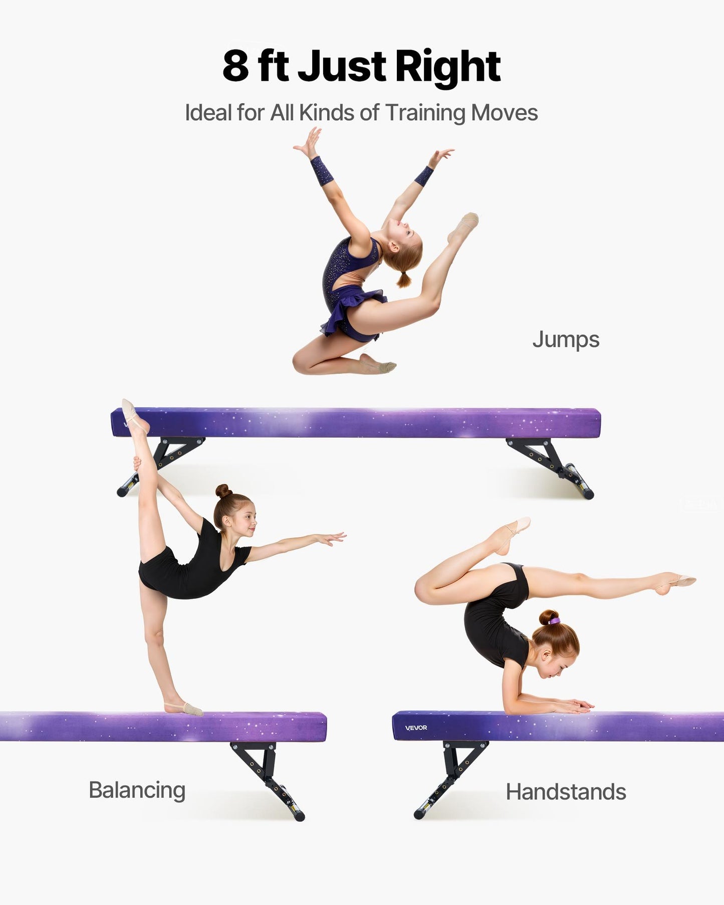 Justerbar balansbalk för barn, 2,4 meter gymnastikbalk, höga och låga golvbalkar med 5 justerbara höjder för alla gymnastiknivåer, professionell gymnastikutrustning för hemmet och gymmet, Galaxy