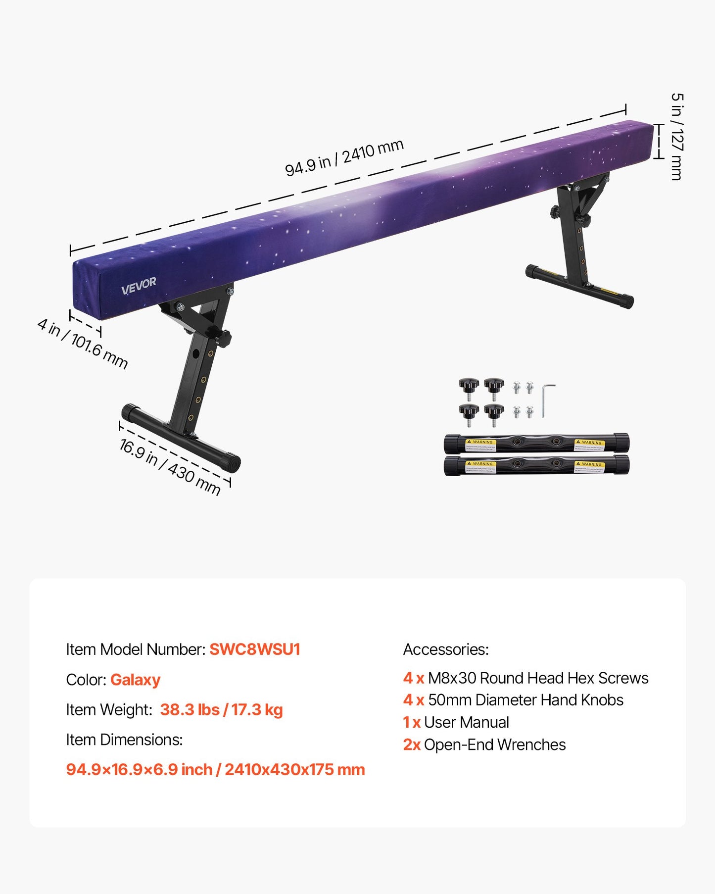 Justerbar balansbalk för barn, 2,4 meter gymnastikbalk, höga och låga golvbalkar med 5 justerbara höjder för alla gymnastiknivåer, professionell gymnastikutrustning för hemmet och gymmet, Galaxy