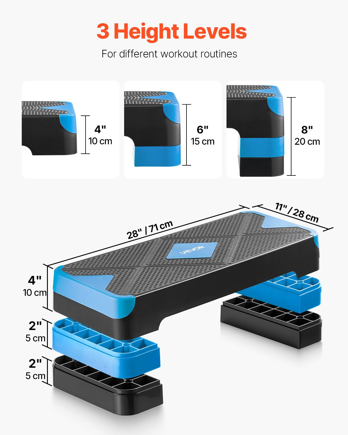 Aerobisk trappstegsplattform, 28-tums aerobisk steppmaskin, höjdjusterbar fitnessträningsplattform med 4 höjdhöjare, halkfri bänk för hemmagym, konditionsträning och styrka, blå