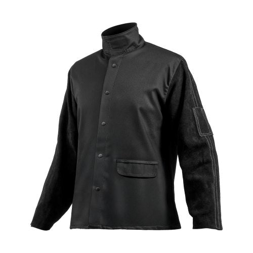 Flamskyddad svetsjacka - XXL, kraftig ärm i spaltnötskinn + 237 g FR-bomull, värmebeständig svetsskyddsjacka med tryckknappar och fickor, perfekt för svetsare och montörer