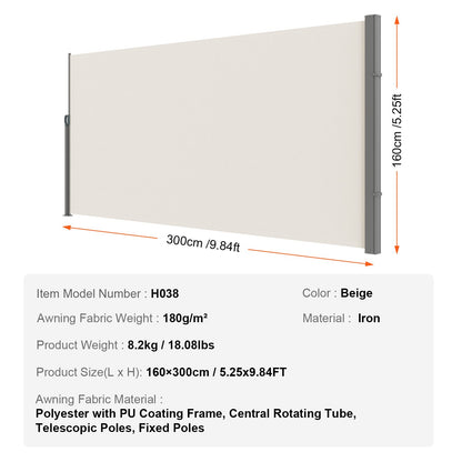 Utfällbar sidomarkis, 63''x 118'' utomhusskärm, 180g polyester vattentät utfällbar terrassskärm, UV 30+ rumsavdelare vindskydd för uteplats, bakgård, balkong, beige