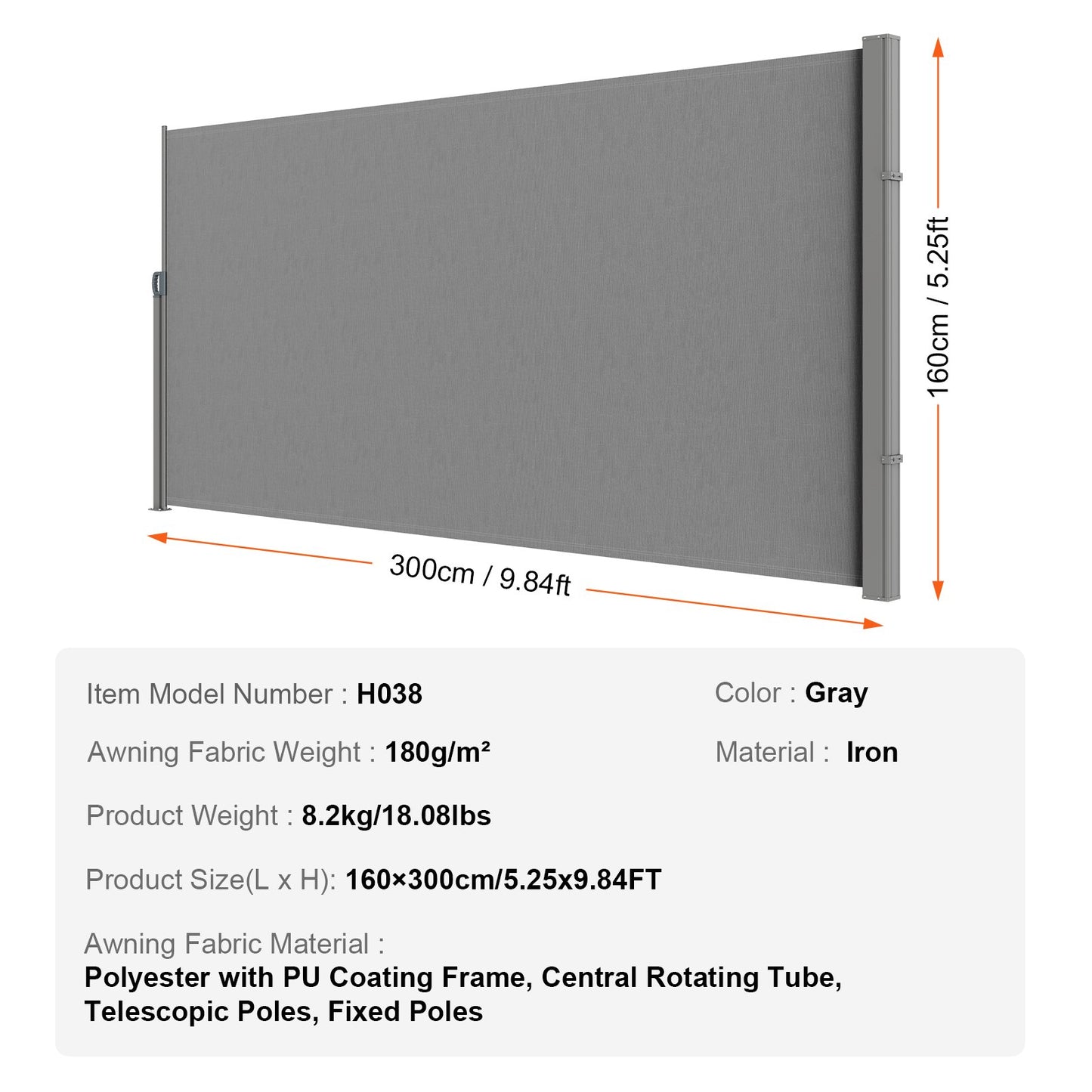 Utfällbar sidomarkis, 63''x 118'' utomhusskärm, 180g polyester vattentät utfällbar uteplatsskärm, UV 30+ rumsavdelare vindskydd för uteplats, bakgård, balkong, grå