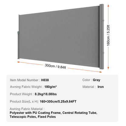 Utfällbar sidomarkis, 63''x 118'' utomhusskärm, 180g polyester vattentät utfällbar uteplatsskärm, UV 30+ rumsavdelare vindskydd för uteplats, bakgård, balkong, grå