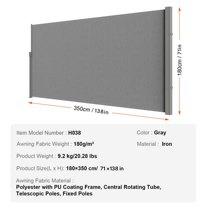 Utfällbar sidomarkis, 71''x 138'' utomhusskärm, 180g polyester vattentät utfällbar uteplatsskärm, UV 30+ rumsavdelare vindskydd för uteplats, bakgård, balkong, grå