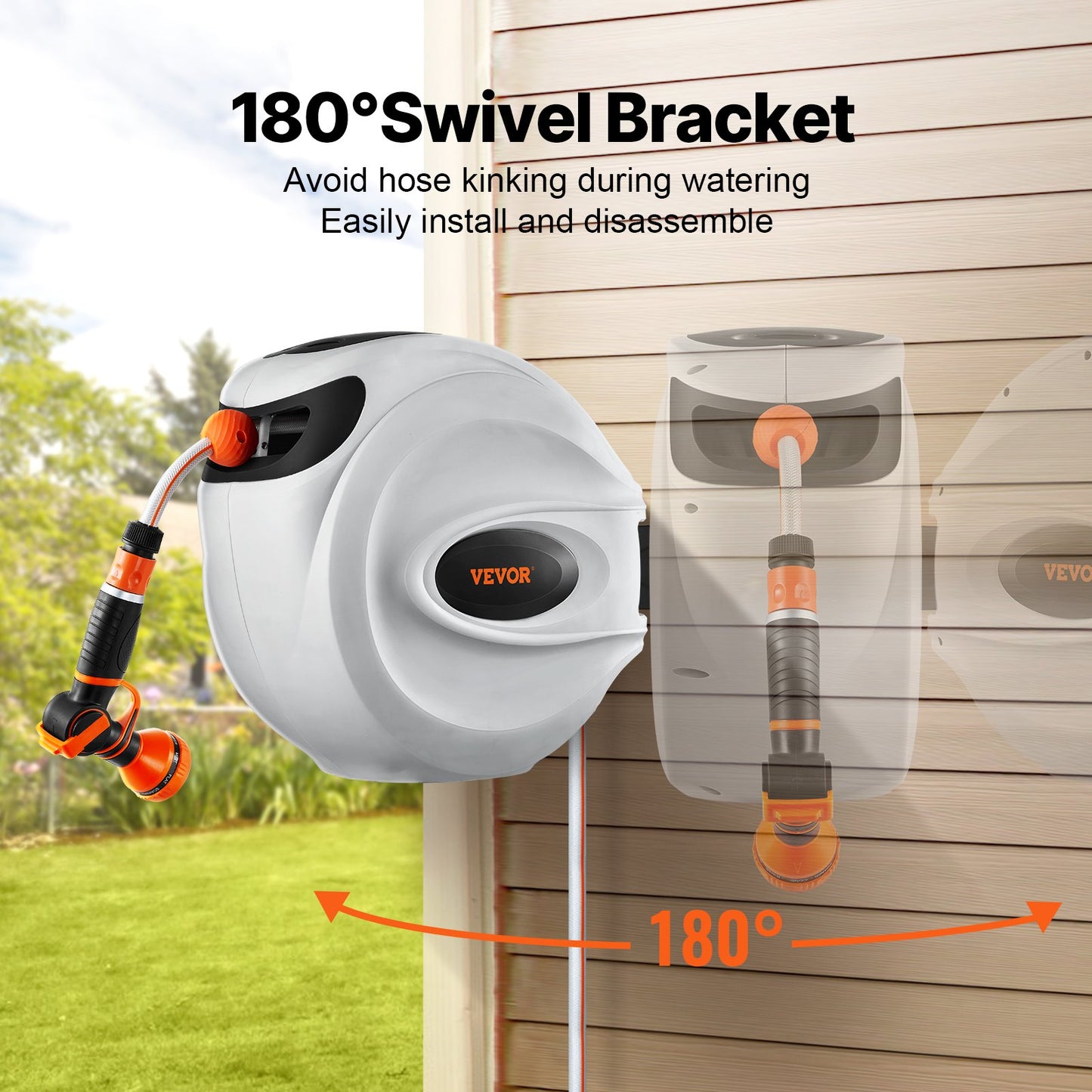 Indragbar trädgårdsslangvinda, 1/2 tum x 98,43 fot väggmonterad slangvinda, kraftig trädgårdsslangvinda med 9 mönstermunstycke, lås för valfri längd, automatiskt återupprullningssystem med långsam retur och 180° vridbart fäste