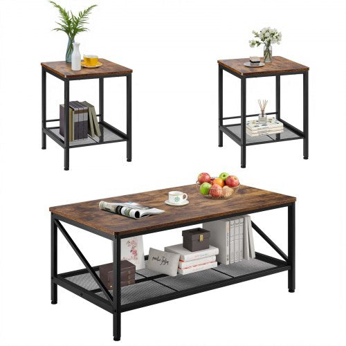 3 Pieces Living Room Table Sets, 105 cm Industrial Coffee Table with 2 Square End Side Tables, Easy Assembly Coffee and End Tables Sets with Metal Legs, for Office, Living Room and Apartment