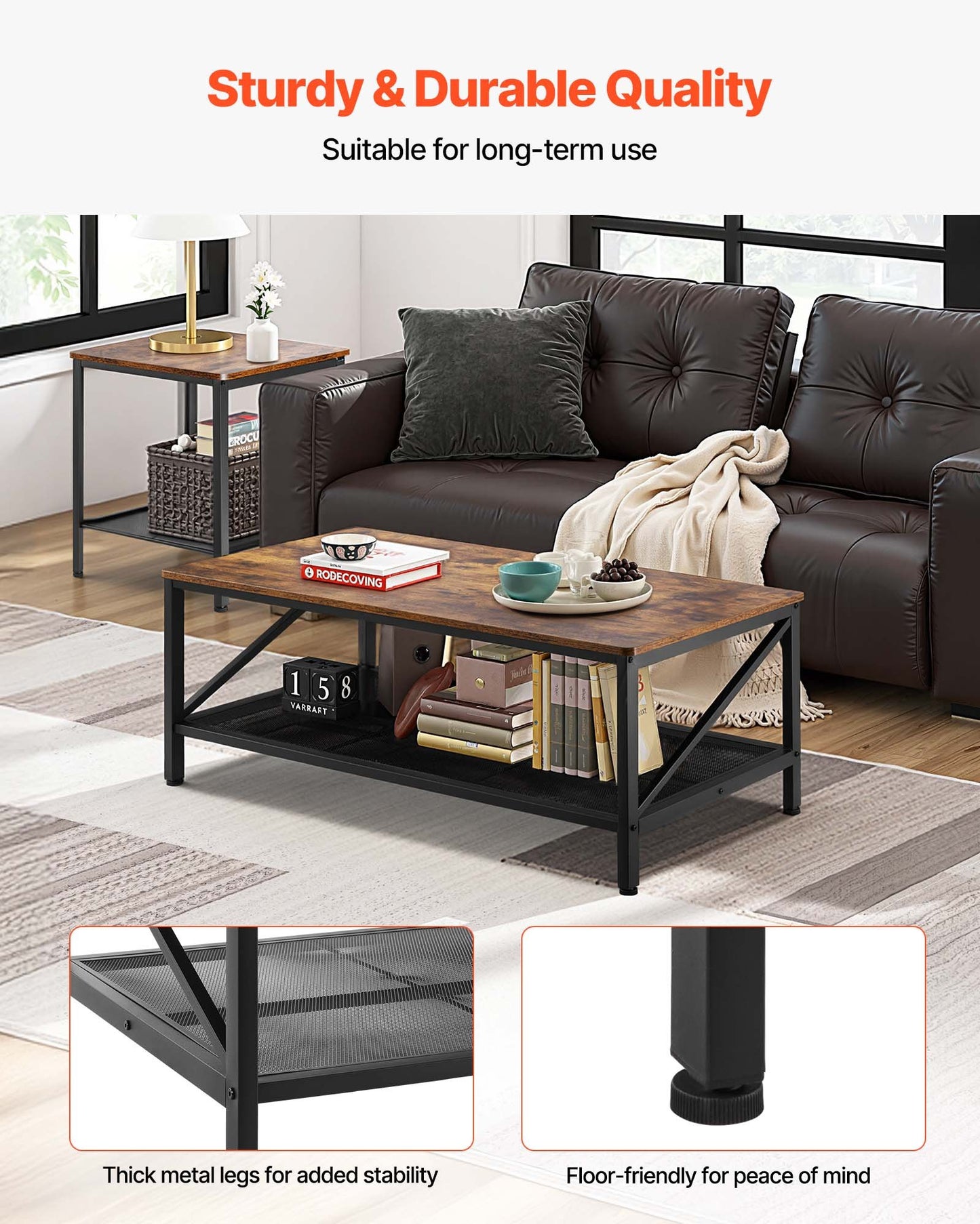 3 delar vardagsrumsbordsset, 105 cm industriellt soffbord med 2 fyrkantiga sidobord, lättmonterade soff- och sidobordsset med metallben, för kontor, vardagsrum och lägenhet