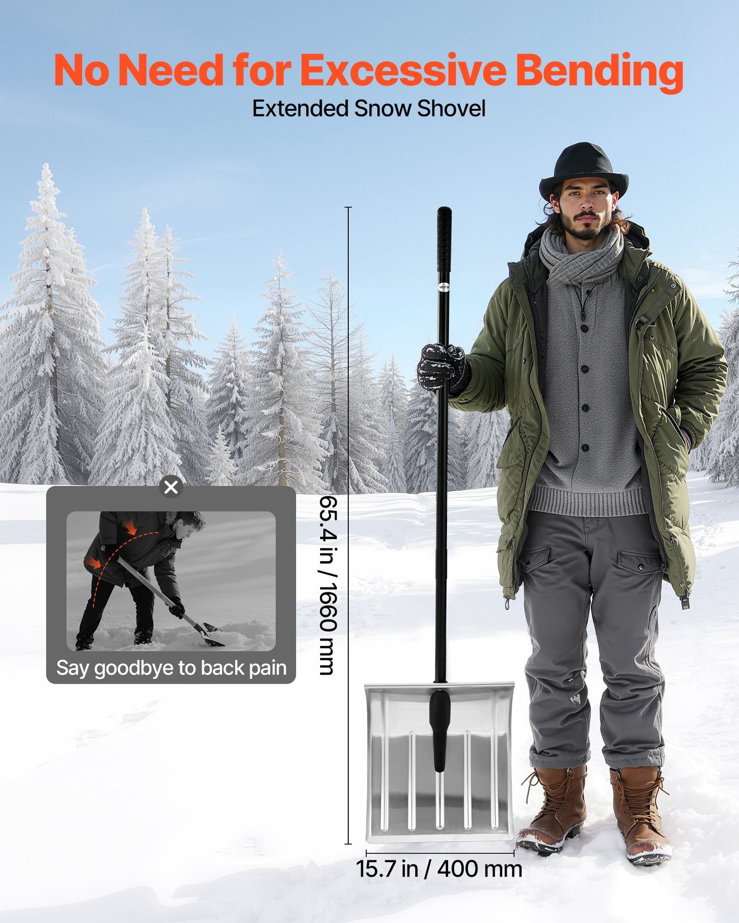 Snöskyffel för uppfart, 40 cm bred snöskyffel i aluminiumlegering, halkfritt grepp, snöplogsskyfflar med stor kapacitet, avtagbart och lätt snöborttagningsverktyg för trädgård, bil, camping, utomhusbruk