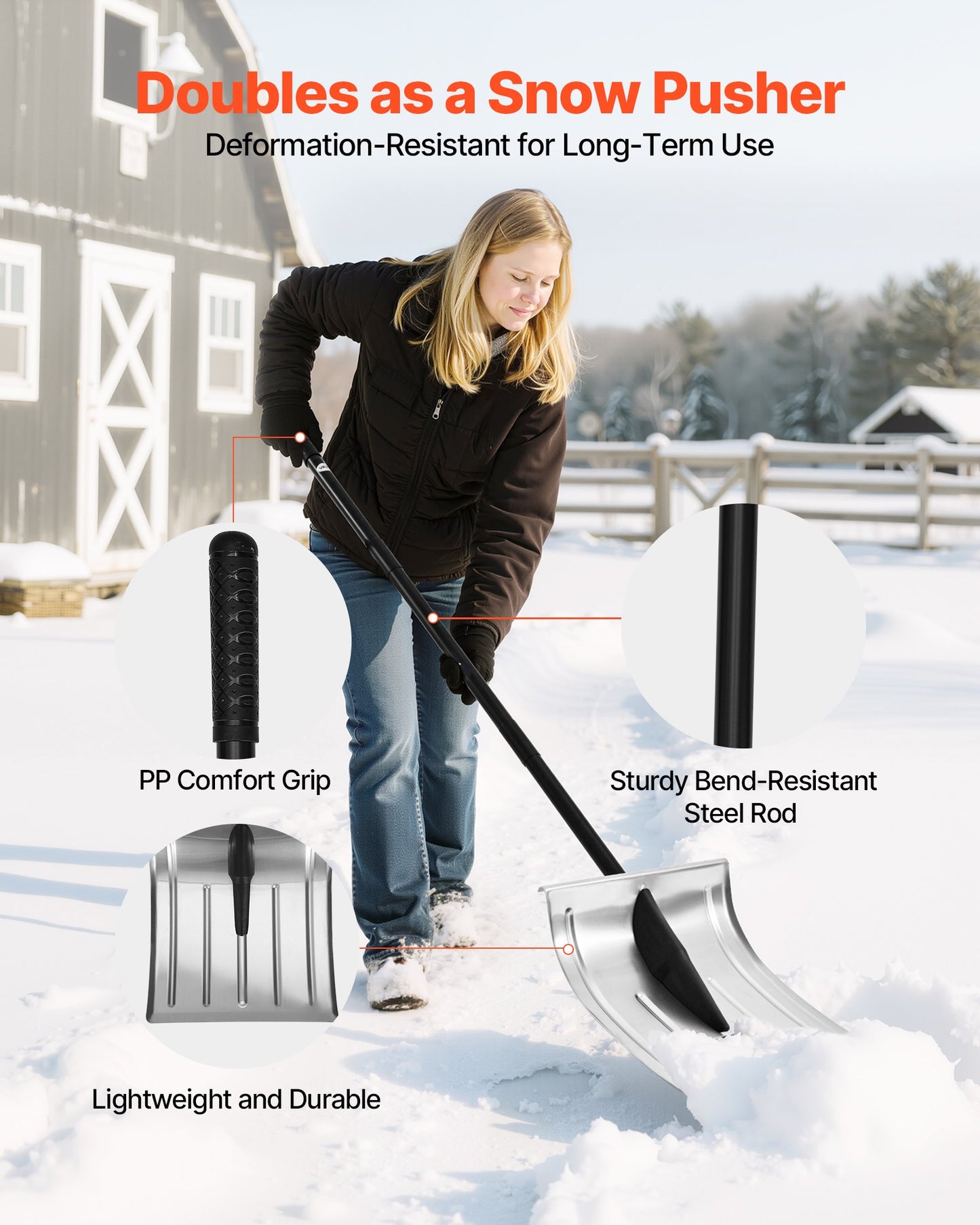 Snöskyffel för uppfart, 40 cm bred snöskyffel i aluminiumlegering, halkfritt grepp, snöplogsskyfflar med stor kapacitet, avtagbart och lätt snöborttagningsverktyg för trädgård, bil, camping, utomhusbruk