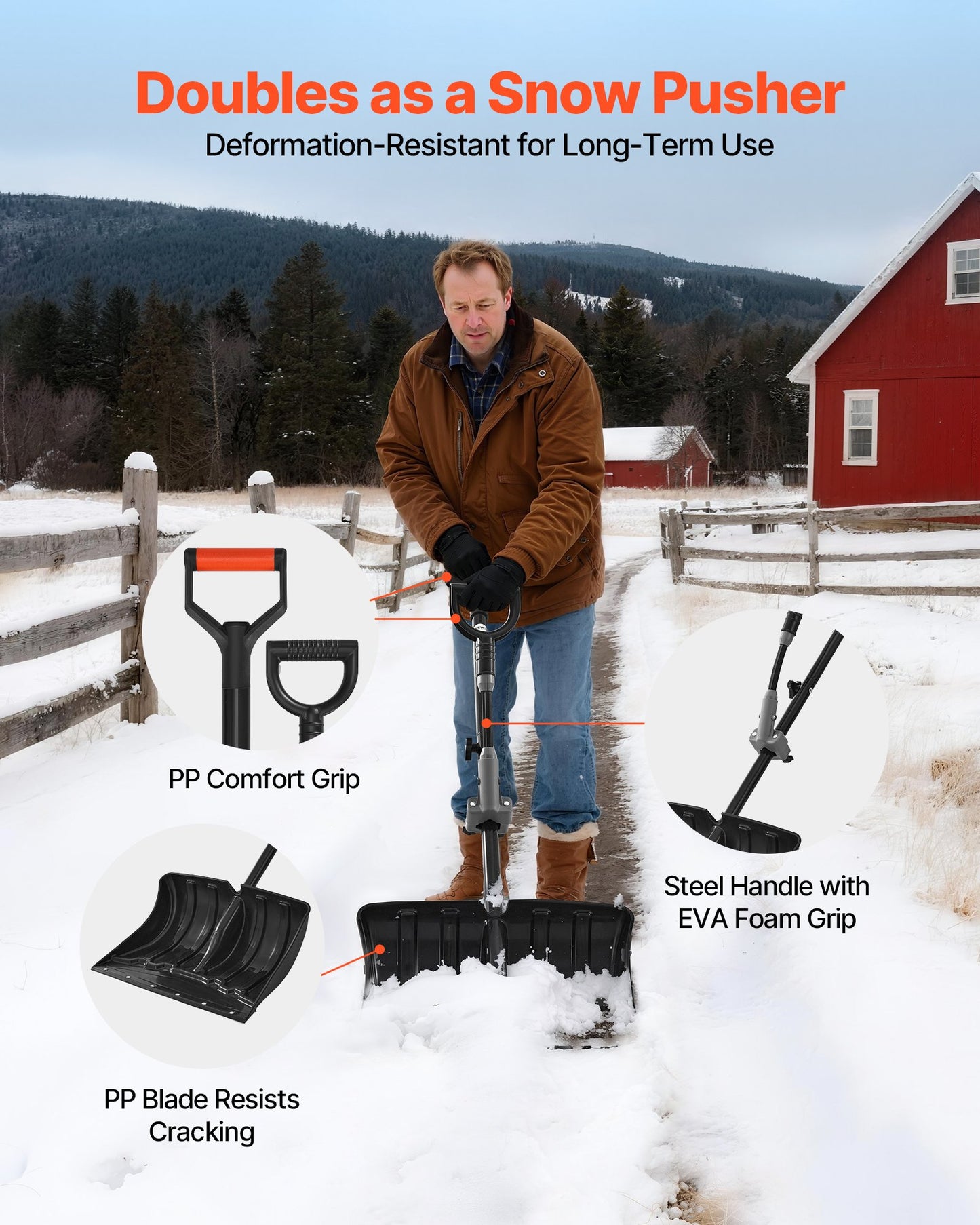 Snöskyffel för uppfart, 45,5 cm bred snöskyffel med D-formade handtag, halkfritt grepp, snöplogsskyfflar med stor kapacitet, lätt snöborttagningsverktyg för trädgård, bil, camping, utomhusbruk