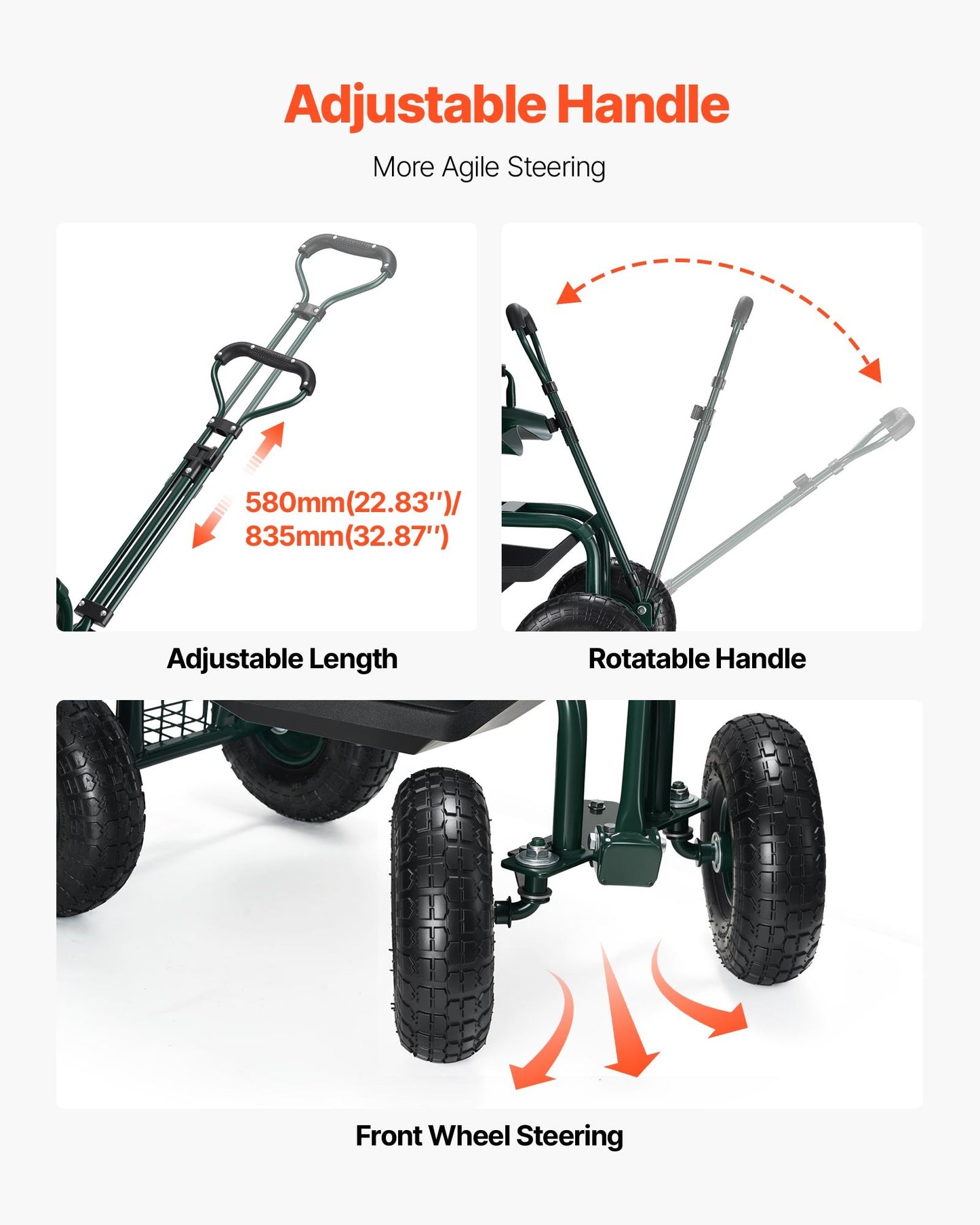 Trädgårdsstol med hjul, rullande trädgårdspall med höjdjusterbar och 360° snurrbar sits, 181 kg viktkapacitet, trädgårdsvagnsbänk, ergonomiskt ryggstöd och verktygsförvaring, för trädgård, uteplats
