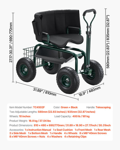 Trädgårdsstol med hjul, rullande trädgårdspall med höjdjusterbar och 360° snurrbar sits, 181 kg viktkapacitet, trädgårdsvagnsbänk, ergonomiskt ryggstöd och verktygsförvaring, för trädgård, uteplats