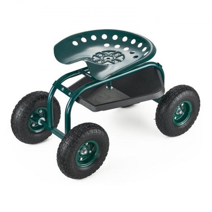Rolling Garden Cart with Swivel Seat, Heavy Duty Garden Seat with Storage Basket & Tool Tray, 300 lbs Weight Capacity, Outdoor Utility Gardening Stool Scooter for Lawn Yard Planting Weeding