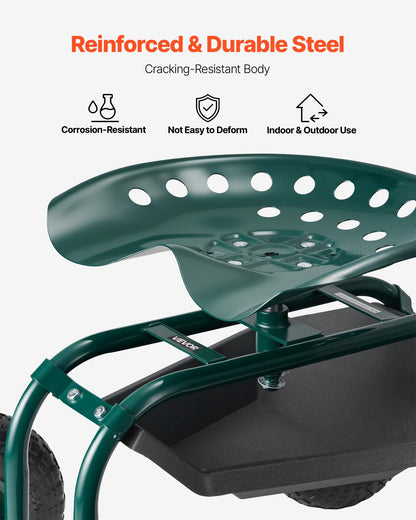 Rolling Garden Cart with Swivel Seat, Heavy Duty Garden Seat with Storage Basket & Tool Tray, 300 lbs Weight Capacity, Outdoor Utility Gardening Stool Scooter for Lawn Yard Planting Weeding