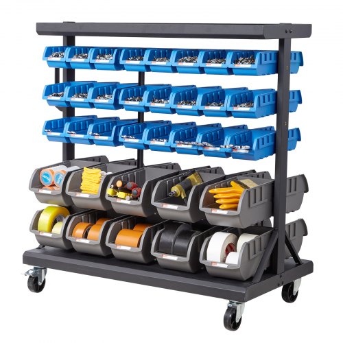 5-Tier Double-Sided Rolling Bin Storage Rack, 68 Plastic Bins, Dual-Sided Parts Organizer with Wheels, Mobile Tool Organizer for Garage, Warehouse, Office, Restaurant, Classroom, Kitchen