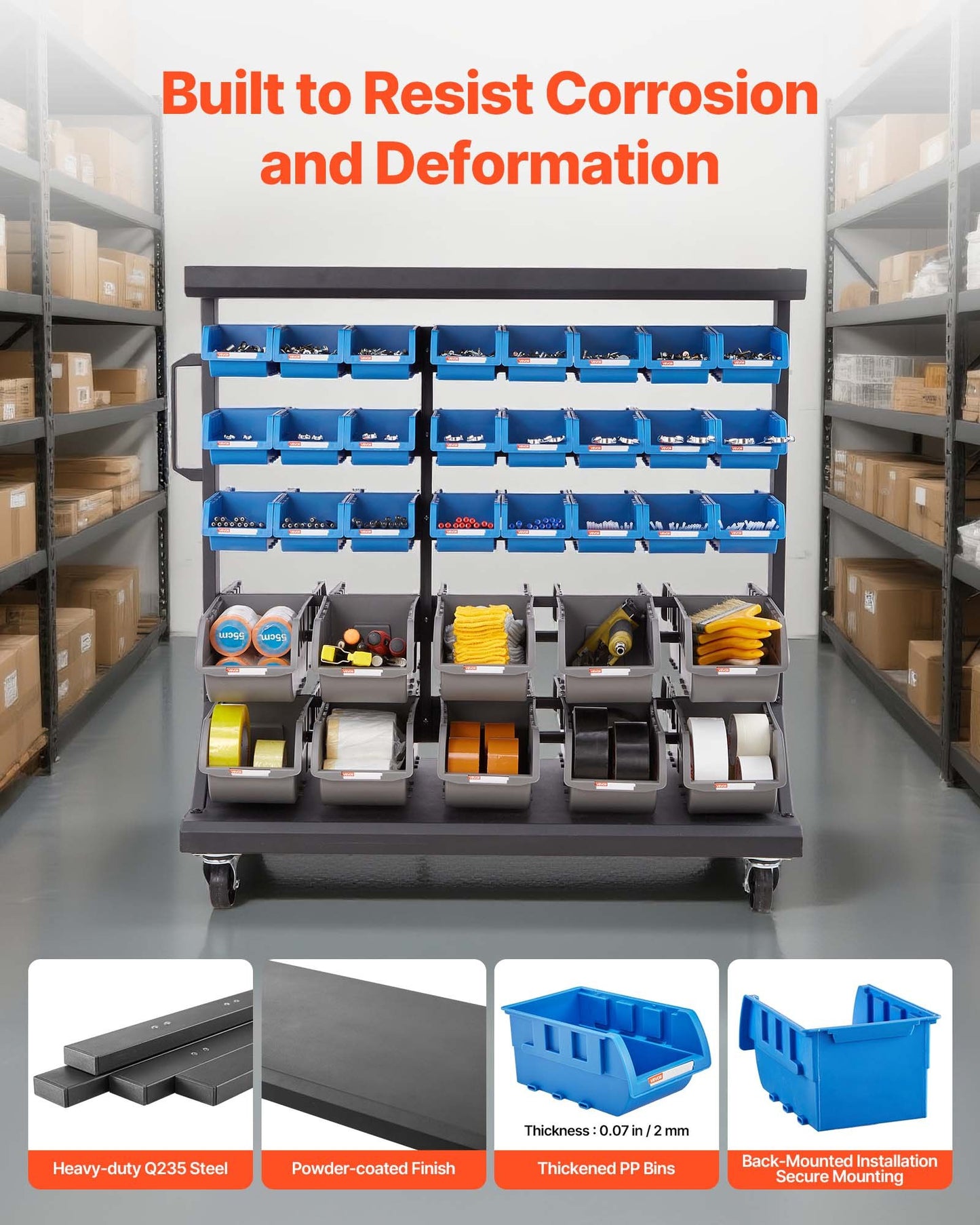 5-Tier Double-Sided Rolling Bin Storage Rack, 68 Plastic Bins, Dual-Sided Parts Organizer with Wheels, Mobile Tool Organizer for Garage, Warehouse, Office, Restaurant, Classroom, Kitchen