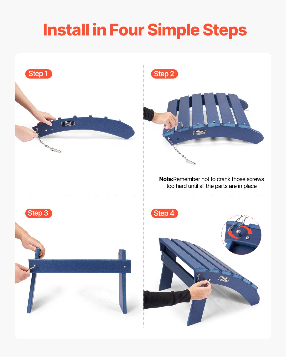 Adirondack fotpall, set om 2, 46,8 cm, hopfällbar Adirondack-fotpall i HDPE-plast, väderbeständig fotstöd för Adirondack-stol, används för utomhusveranda, pool, gräsmatta, bakgård, blå