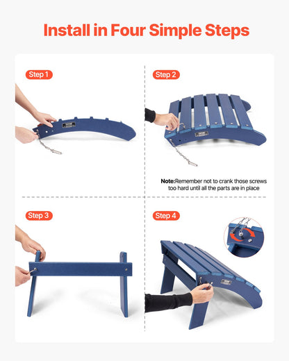 Adirondack fotpall, set om 2, 46,8 cm, hopfällbar Adirondack-fotpall i HDPE-plast, väderbeständig fotstöd för Adirondack-stol, används för utomhusveranda, pool, gräsmatta, bakgård, blå