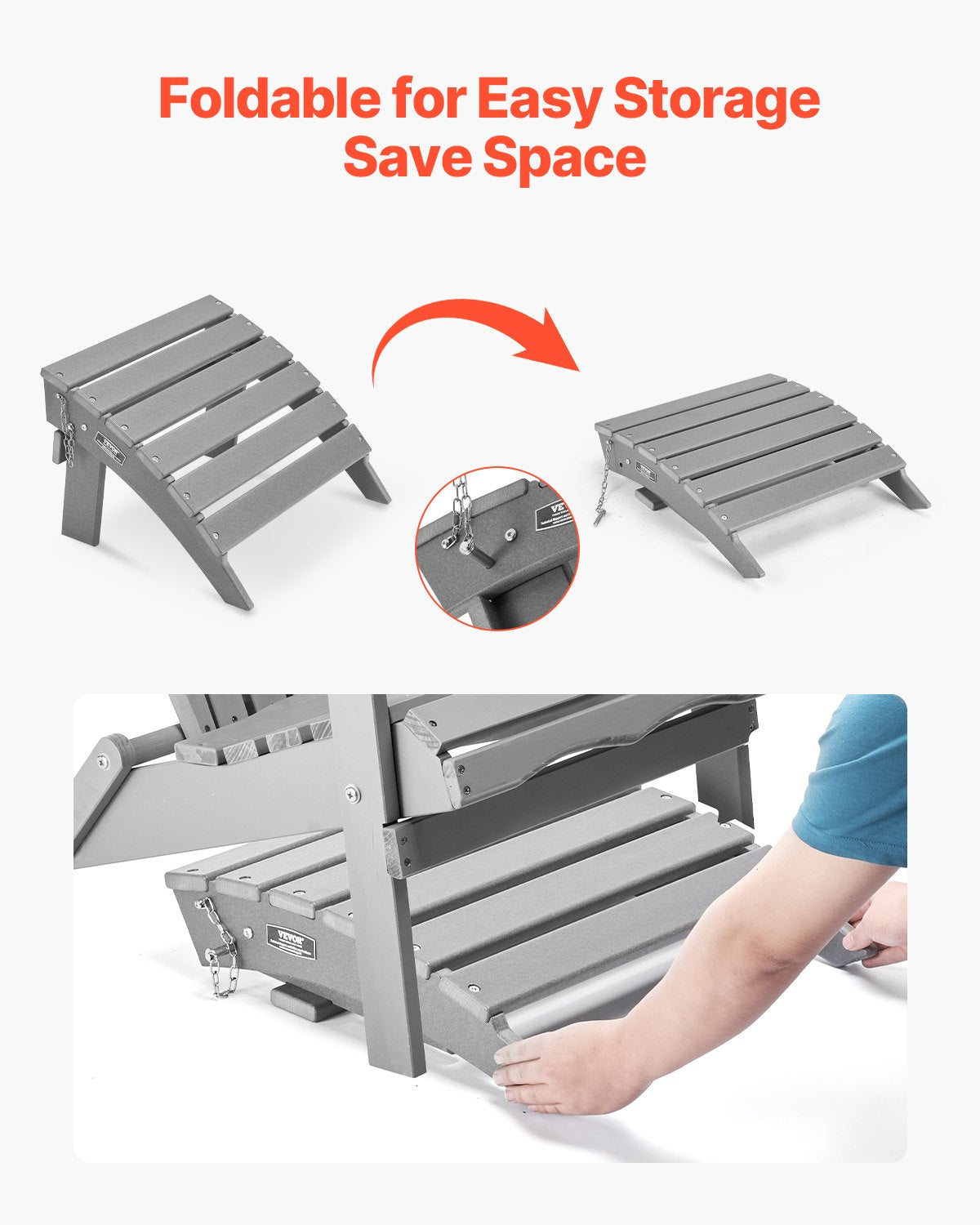 Adirondack fotpall, 40 L x 43 B x 33 H tum hopfällbar Adirondack fotpall i HDPE-plast, väderbeständig fotstöd för Adirondack-stol, används ofta för utomhusveranda, pool, gräsmatta, bakgård, grå