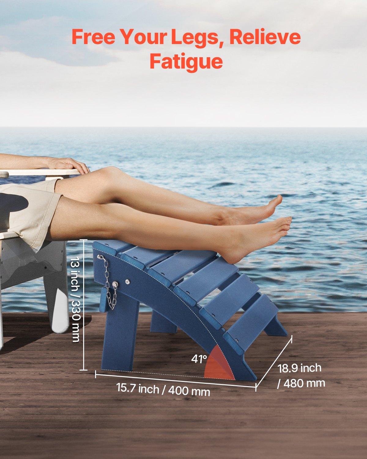 Adirondack fotpall, 15,7L x 18,9B x 13H tum hopfällbar Adirondack fotpall i HDPE-plast, väderbeständig fotstöd för Adirondack-stol, används ofta för utomhusveranda, pool, gräsmatta, bakgård, blå