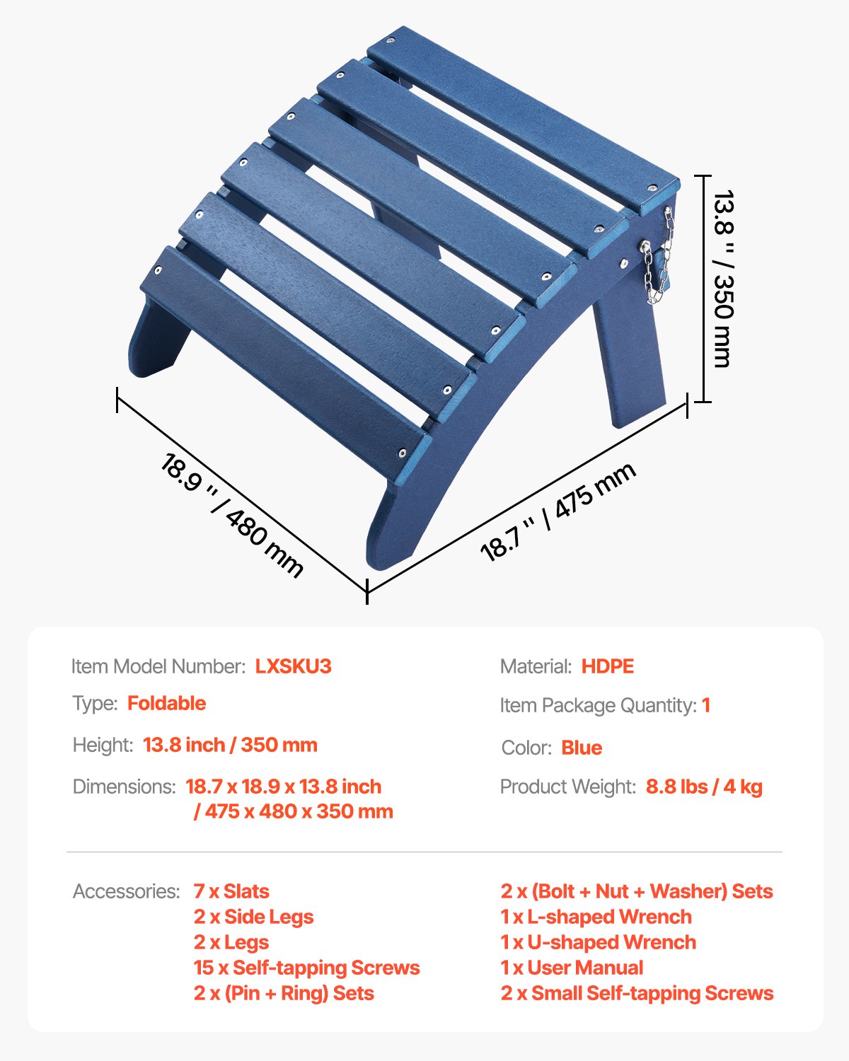 Adirondack fotpall, 46,8 cm (18,7 L x 46,9 B x 33,8 H) hopfällbar Adirondack fotpall i HDPE-plast, väderbeständig fotstöd för Adirondack-stol, används ofta för utomhusbruk, veranda, pool, gräsmatta, bakgård, blå