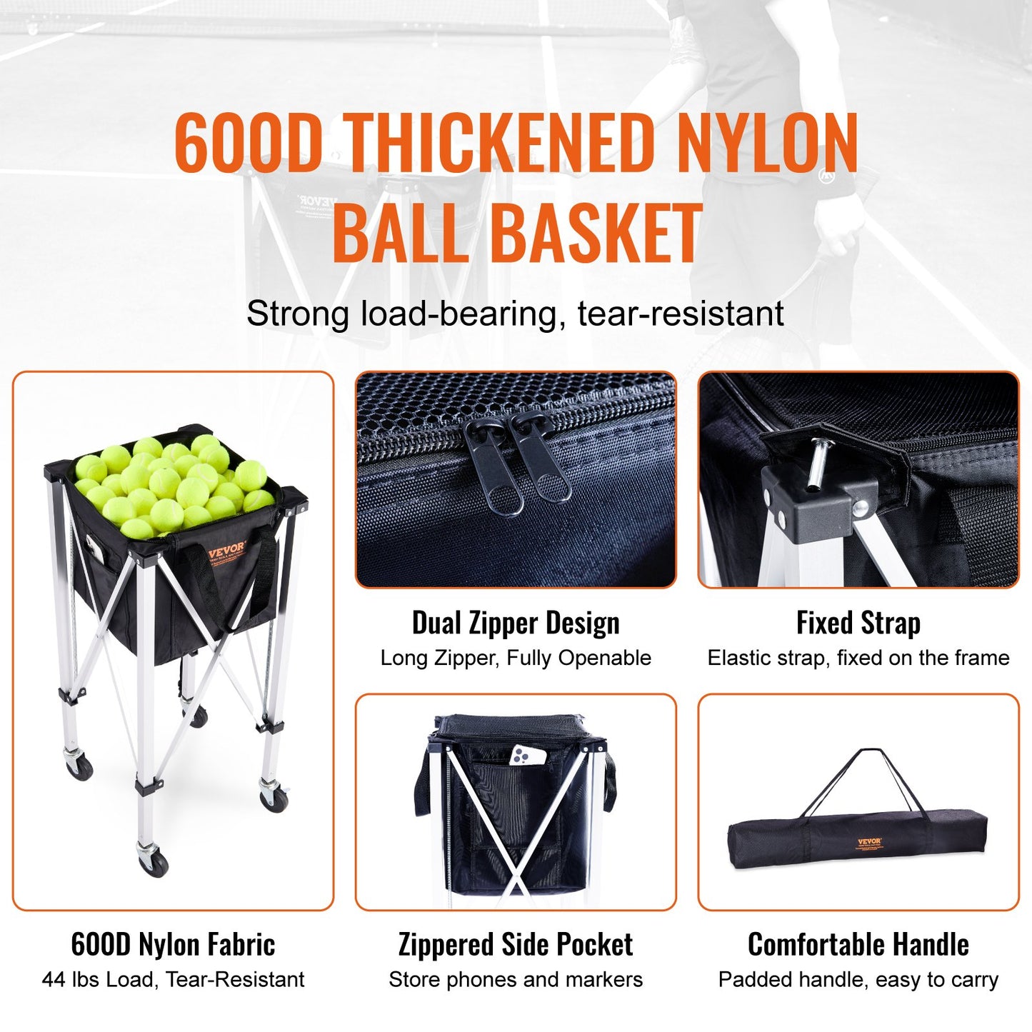 Hopfällbar tennisbollsbehållare, rymmer 150 tennisbollar, lätt tennisbollskorg i aluminiumlegering med hjul, avtagbar väska, bärväska, bärbar sportträningsvagn för tennisspelare