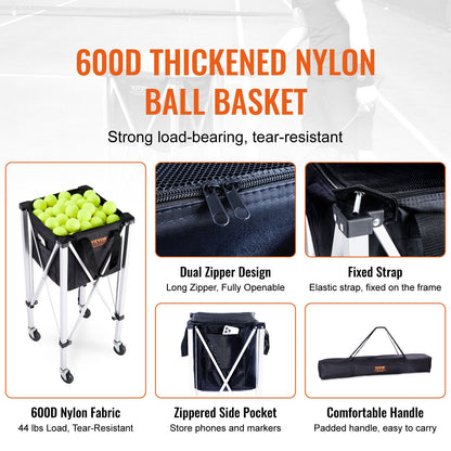 Hopfällbar tennisbollsbehållare, rymmer 150 tennisbollar, lätt tennisbollskorg i aluminiumlegering med hjul, avtagbar väska, bärväska, bärbar sportträningsvagn för tennisspelare
