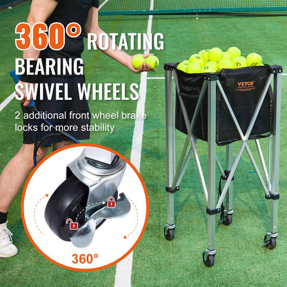 Hopfällbar tennisbollsbehållare, rymmer 150 tennisbollar, lätt tennisbollskorg i aluminiumlegering med hjul, avtagbar väska, bärväska, bärbar sportträningsvagn för tennisspelare