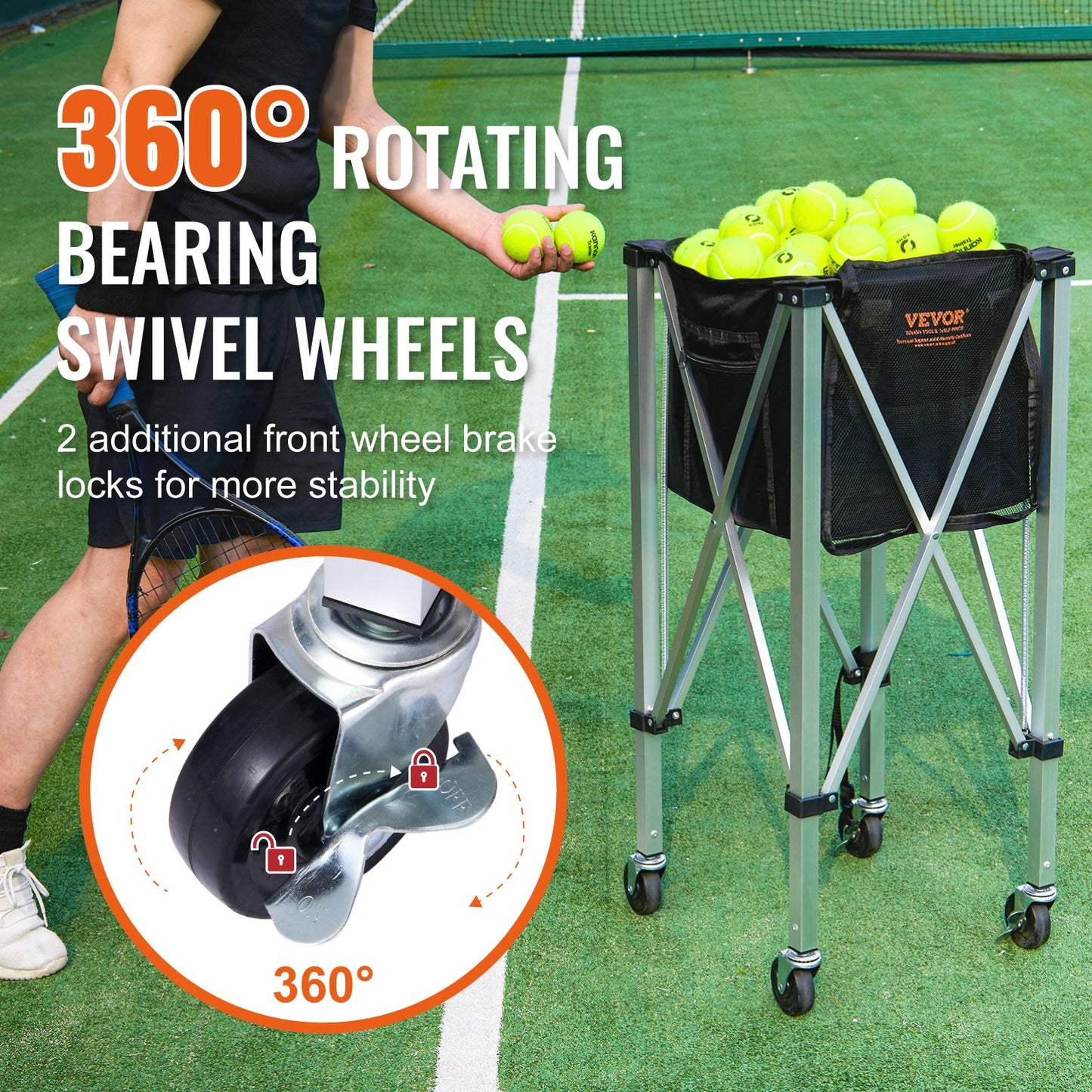Hopfällbar tennisbollsbehållare, rymmer 180 tennisbollar, lätt tennisbollskorg i aluminiumlegering med hjul, avtagbar väska, bärväska, bärbar sportträningsvagn för tennisspelare