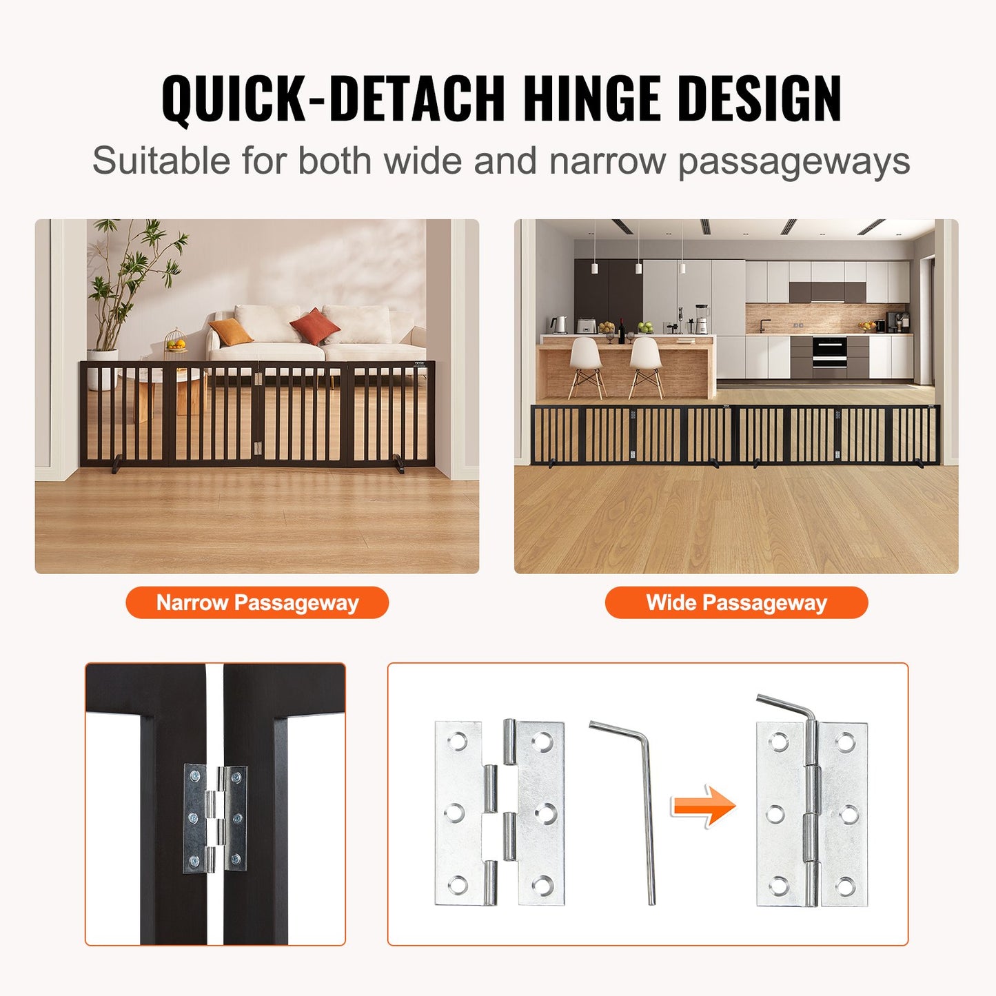 Fristående hundgrind, 61 cm H x 213 cm B Fristående husdjursgrind, 4 paneler hopfällbar hundgrind för breda och smala passager, expanderbar hundbarriär med tyst fotstöd för inomhusbruk, brun