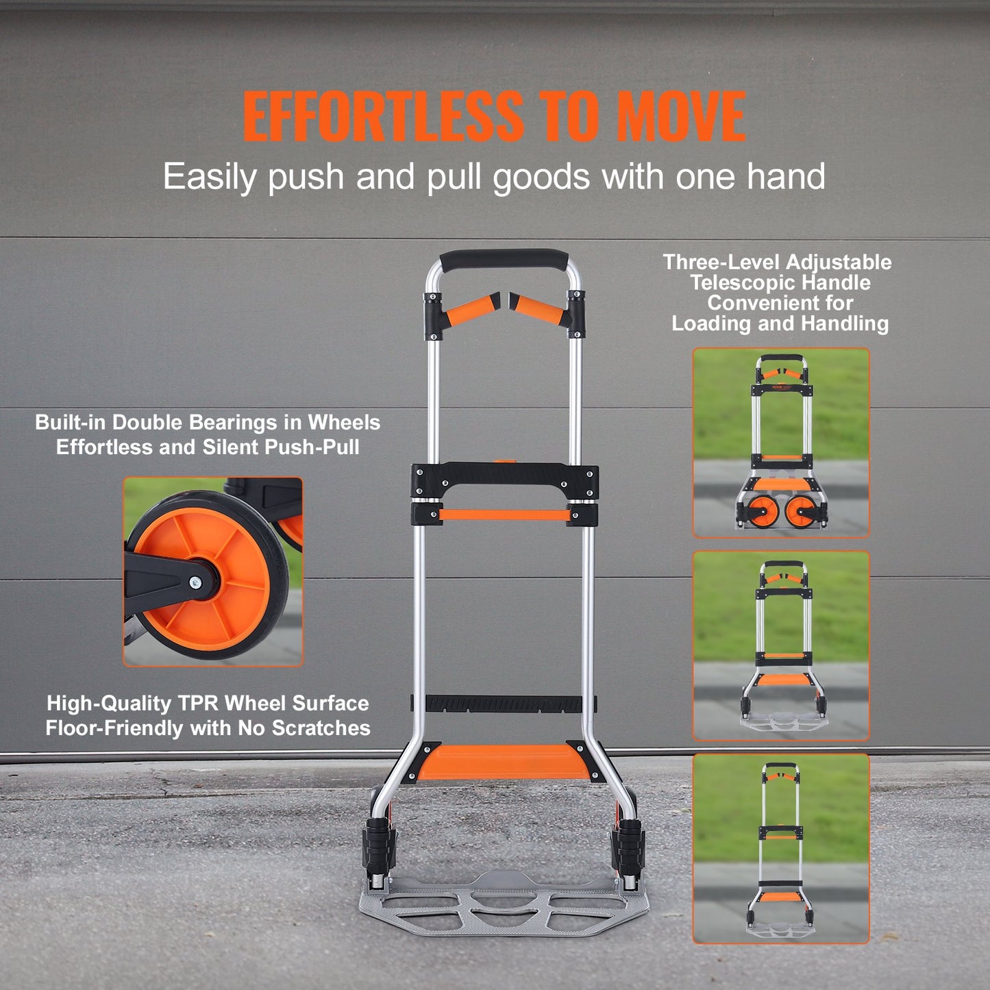 Hopfällbar säckkärra, lastkapacitet 145 kg, bärbar vagn i aluminium, konvertibel säckkärra och vagn med teleskophandtag och PP+TPR-hjul, ultralätt superstark för flytt av lager