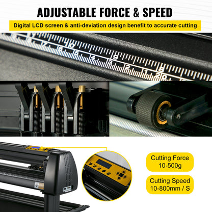 Vinylskärmaskin, 28-tums pappersmatning, vinylskrivare med justerbar kraft och hastighet, LCD-skärm, Windows-kompatibelt skylttillverkningssats med Signmaster-programvara, förnödenheter, 3 blad