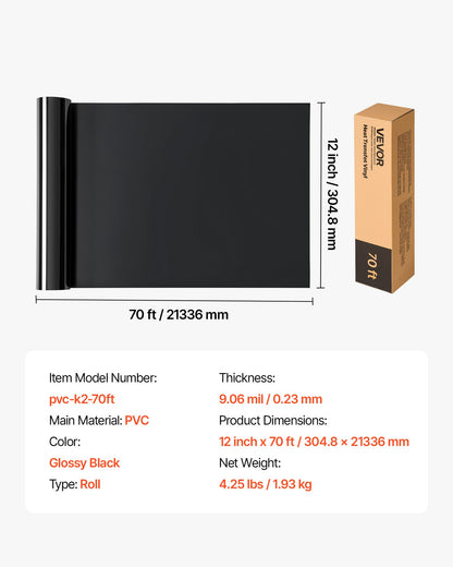 Värmeöverföringsvinyl, 304,8 x 21 336 mm, blank svart HTV-strykvinylrulle, lätt att skära och rensa bort, stark vidhäftning, kompatibel med skärmaskiner, för olika material, t-shirts, kuddar, hattar