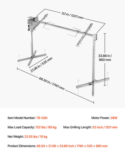 Rotisserie Grill, AC220-240V 8 Level Height Electric Rotisserie Grill Kit, BBQ Grills Rotisseries Kit with 60 kg Load Capacity, 38W Motor, Stainless Steel Automatic Grilling Kits for Parties
