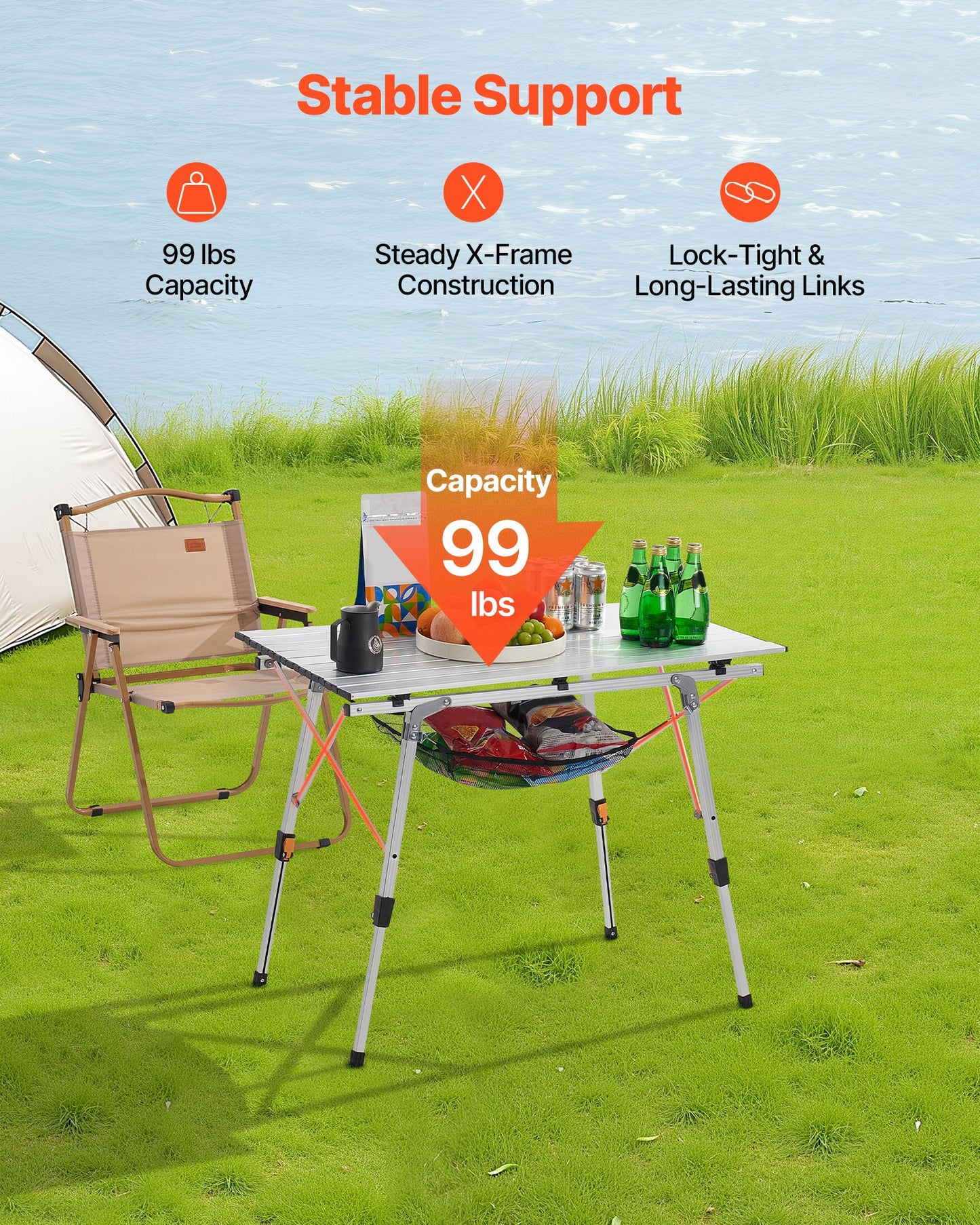 Hopfällbart campingbord, bärbara sidobord i aluminium med justerbar höjd, nätlager överst och bärväska, för utomhusgrillning, picknick, resor, silver
