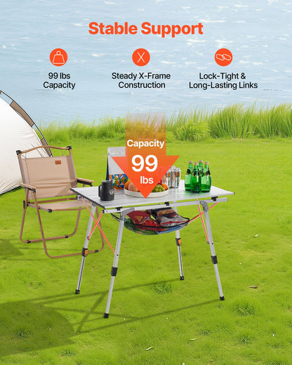 Hopfällbart campingbord, bärbara sidobord i aluminium med justerbar höjd, nätlager överst och bärväska, för utomhusgrillning, picknick, resor, silver