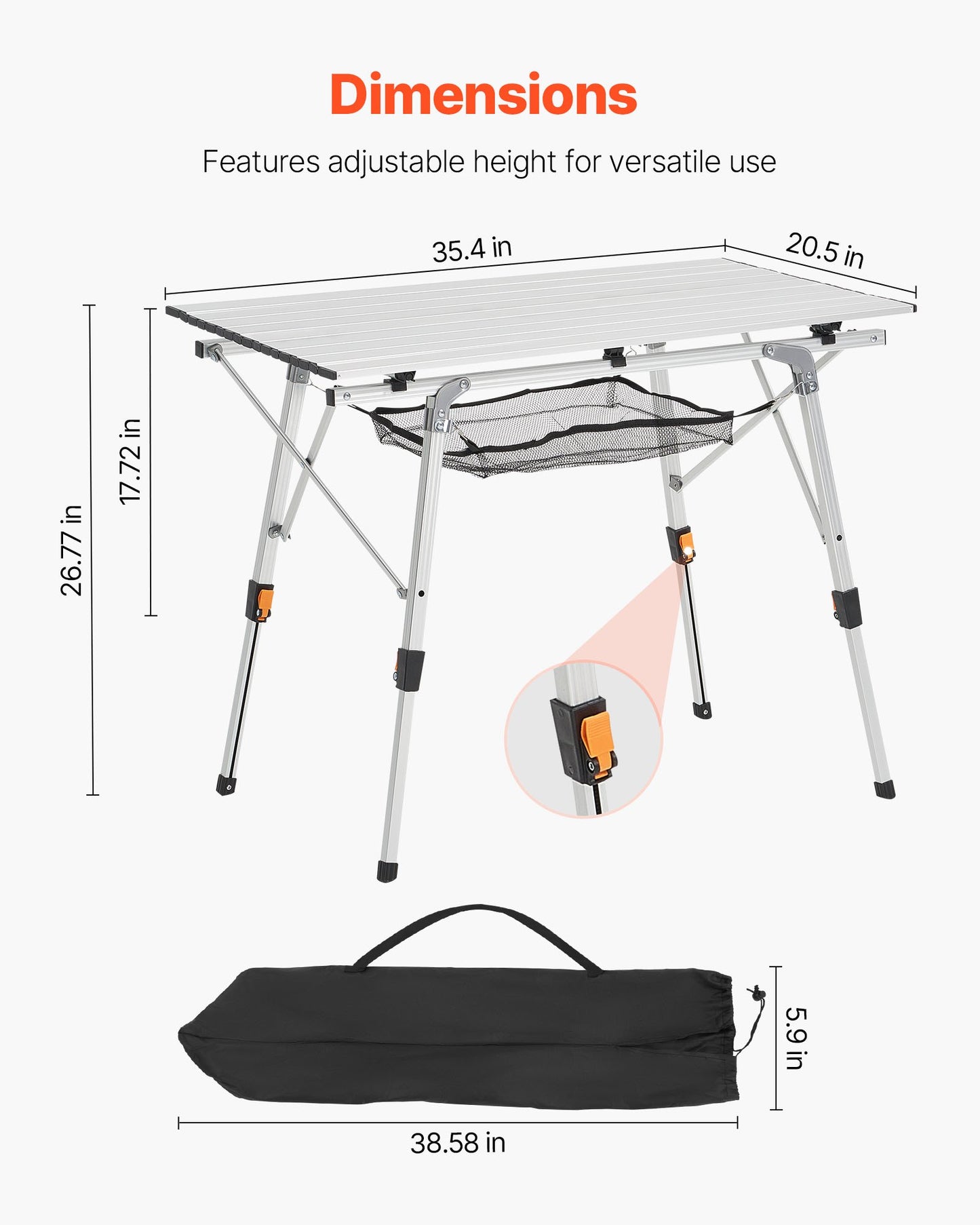Hopfällbart campingbord, bärbara sidobord i aluminium med justerbar höjd, nätlager överst och bärväska, för utomhusgrillning, picknick, resor, silver