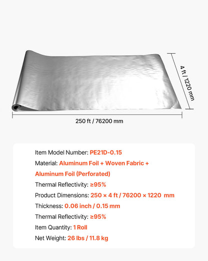 Dubbelreflekterande isoleringsrulle, perforerad vävd strålningsbarriär, 0,15 mm 76,2 m x 1,22 m, dubbelsidig aluminiumfolie värmereflekterande sköld, värmeisoleringsrulle för fönster husbilstak