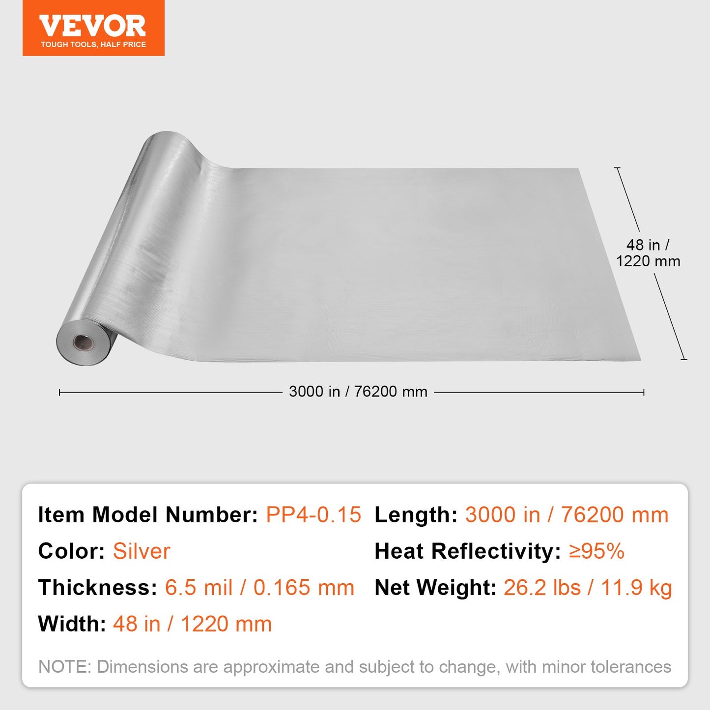 Dubbelreflekterande isoleringsrulle, vävd tygstrålningsbarriär, 6,5 mil 48 tum x 250 fot, aluminiumfolie PE vävd duk värmereflekterande sköld, värmeisoleringsrulle för fönster husbilstak