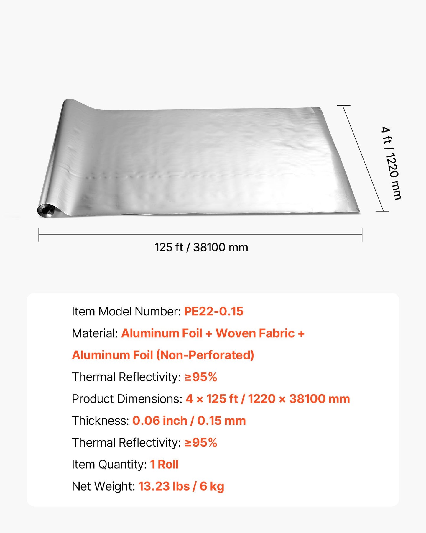 Dubbelreflekterande isoleringsrulle, operforerad vävd strålningsbarriär, 0,15 mm 38,1 m x 1,22 m, dubbelsidig aluminiumfolie värmereflekterande sköld, värmeisoleringsrulle för fönstertak