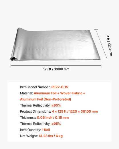 Dubbelreflekterande isoleringsrulle, operforerad vävd strålningsbarriär, 0,15 mm 38,1 m x 1,22 m, dubbelsidig aluminiumfolie värmereflekterande sköld, värmeisoleringsrulle för fönstertak