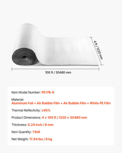 Reflective Insulation Roll, Double-Layer Air Bubble Radiant Barrier, 6mm 30.48 m x 1.22 m, Aluminum Foil White PE Film Heat Reflective Shield, Thermal Insulation Roll for Garage Door Window RV Roofs